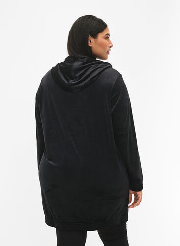 Hooded, velour sweatshirt dress , Black, Model image number 2