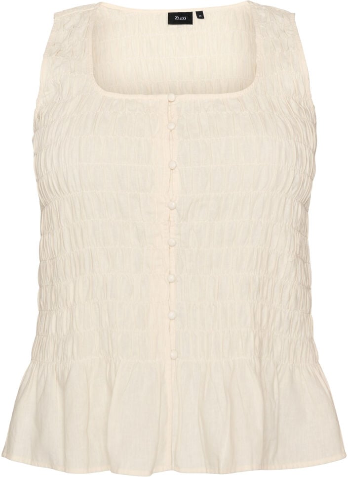Sleeveless cotton and linen top with smock, Vanilla, Packshot image number 0