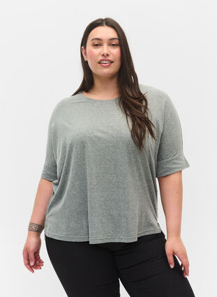Melange blouse with short sleeves, Balsam Green Mel., Model image number 0