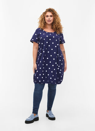 Short-sleeved, printed cotton dress, Medieval Blue DOT, Model image number 2