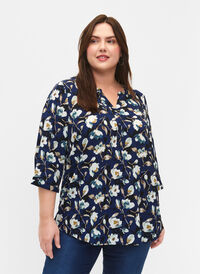 Floral blouse with 3/4 sleeves, P. Blue Flower AOP, Model
