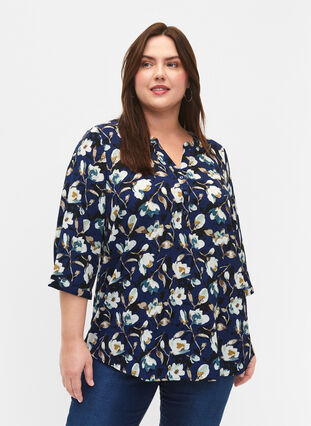 Floral blouse with 3/4 sleeves, P. Blue Flower AOP, Model image number 0