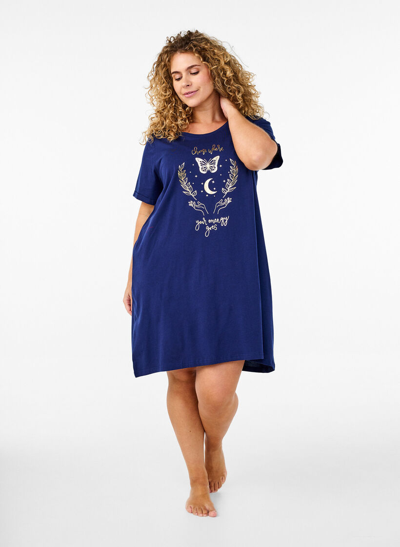 Short-sleeved nightgown in organic cotton, Blue, Model image number 1