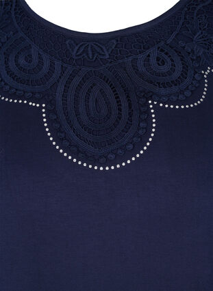 Short-sleeved viscose t-shirt with lace details, Navy Blazer, Packshot image number 2