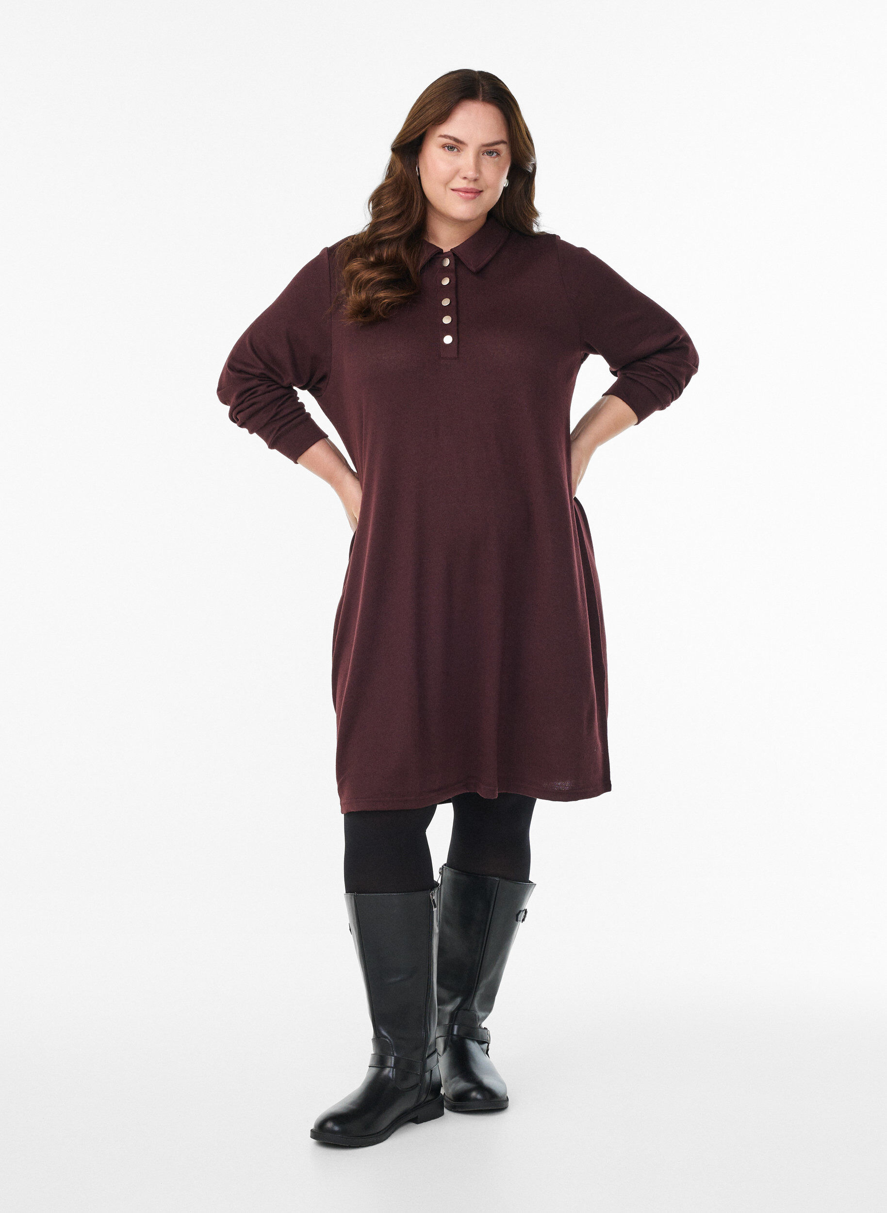 Zizzifashion Short polo dress with buttons and long sleeves, Dark Bordeaux, Model image number 1