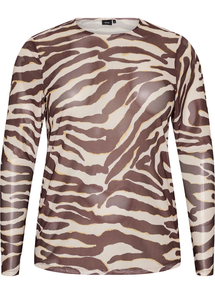 Mesh blouse with print, Brown, Packshot image number 0