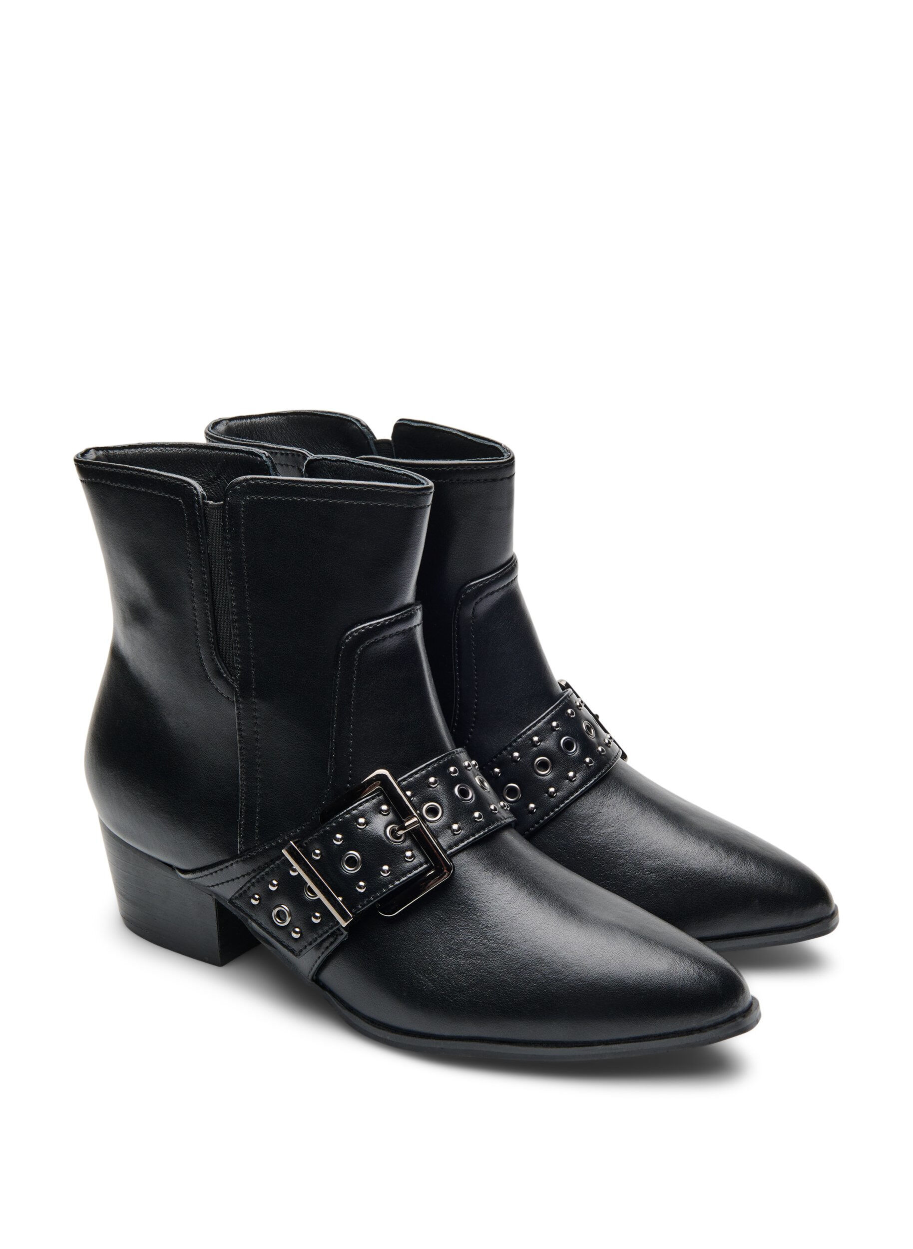 Zizzifashion Wide fit - Leather ankle boot with strap and studs, Black, Packshot image number 1