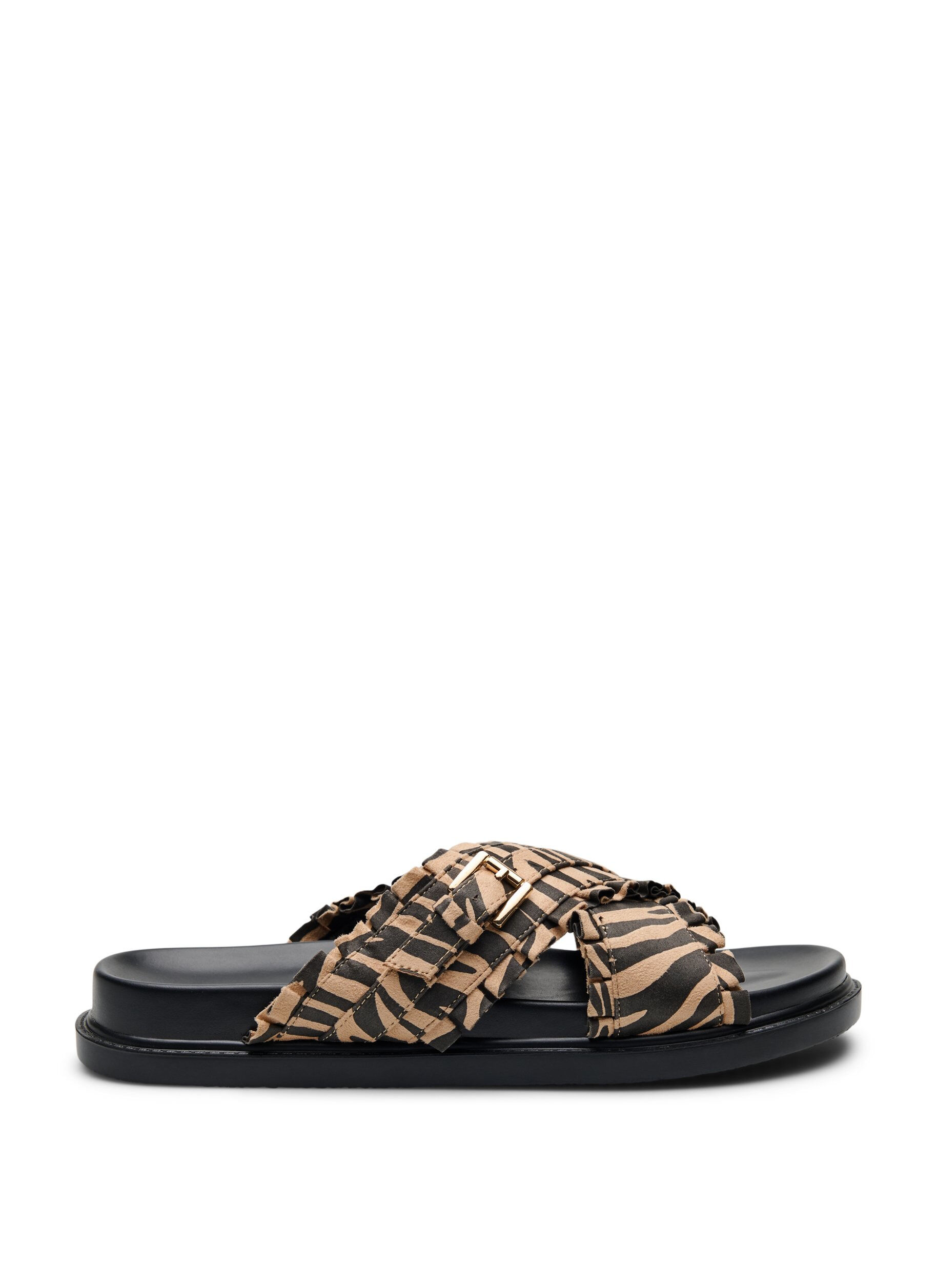 Zizzifashion Sandals with crossed straps and ruffle edges, Brown, Packshot image number 0