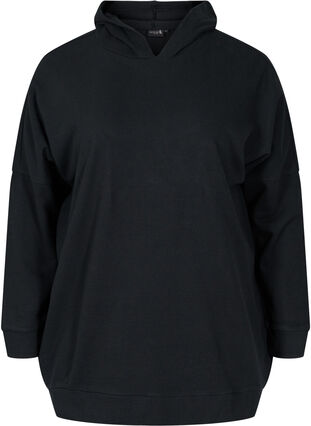 Cotton sweatshirt with hood and high-low effect, Black, Packshot image number 0