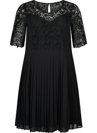 Short sleeve dress with lace top, Black, Packshot image number 0