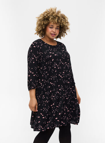 Printed viscose tunic with 3/4 sleeves, Black Rose AOP, Model image number 0