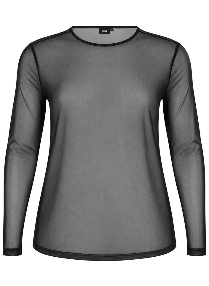 Mesh blouse with long sleeves, Black, Packshot image number 0