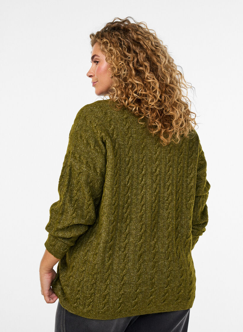 Knitted blouse with cable knit and V-neck, Green, Model image number 2