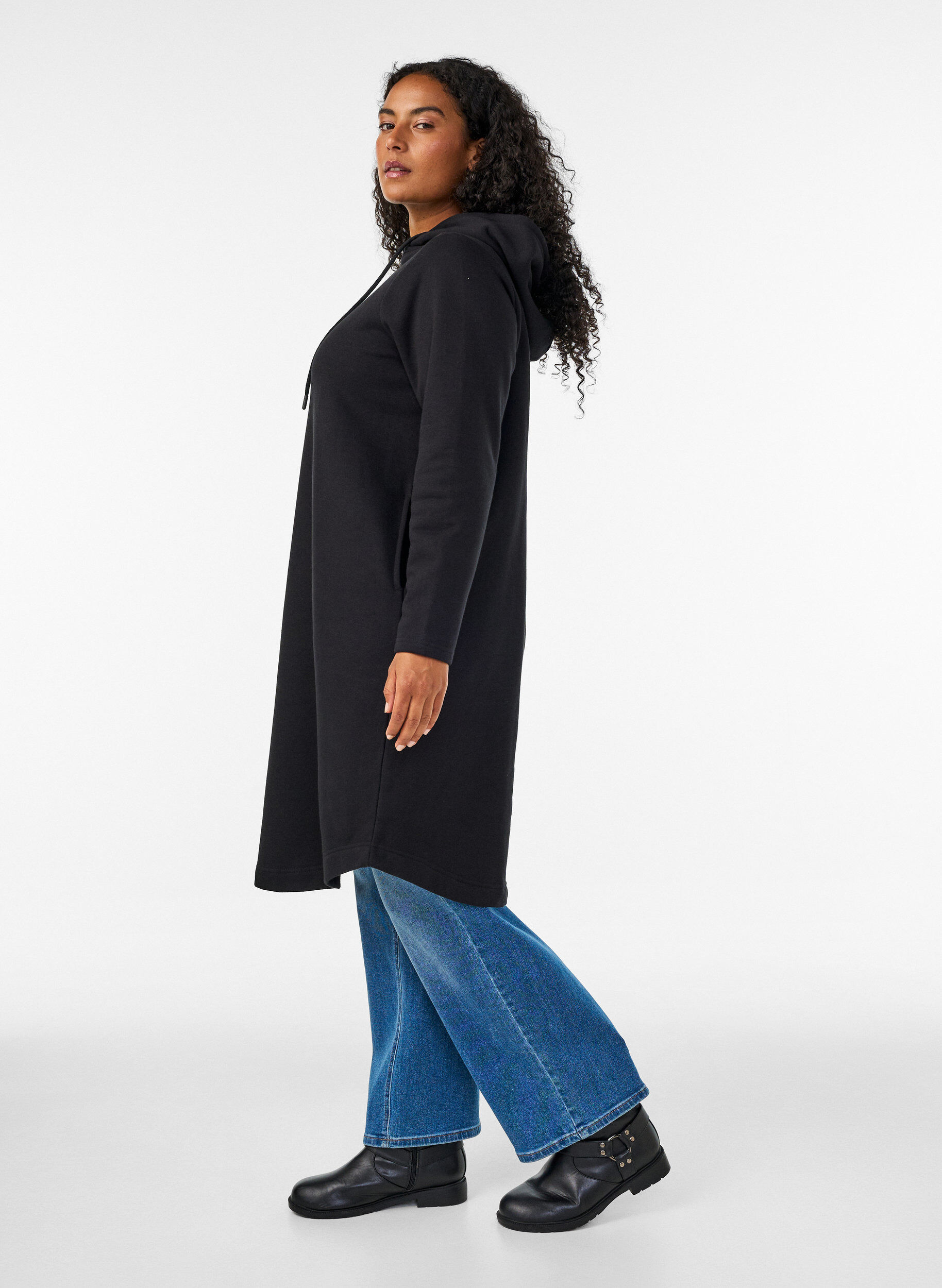 ZizzifashionHooded sweatshirt dress with pockets, Black, Model image number 2