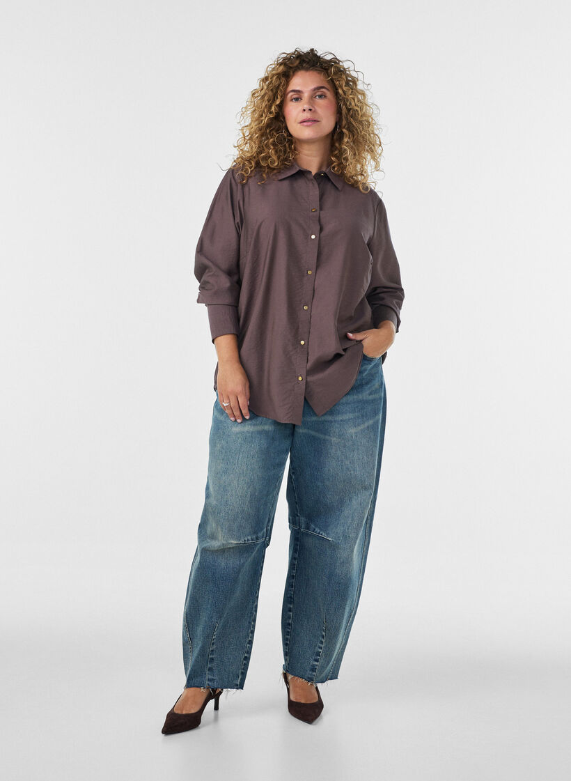 Viscose shirt with golden buttons, Brown, Model image number 1