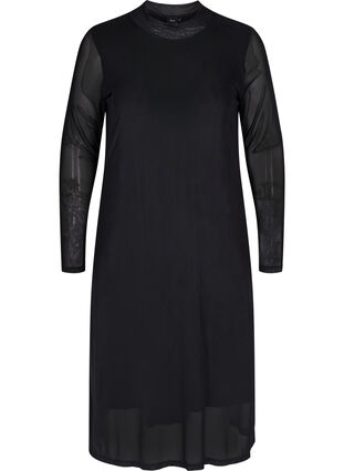 Long-sleeved midi dress in mesh, Black, Packshot image number 0
