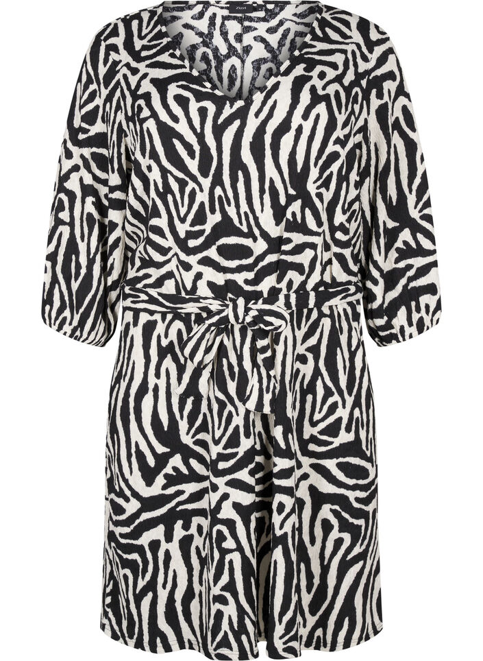 Short dress with 3/4 sleeves and zebra print, Black, Packshot image number 0
