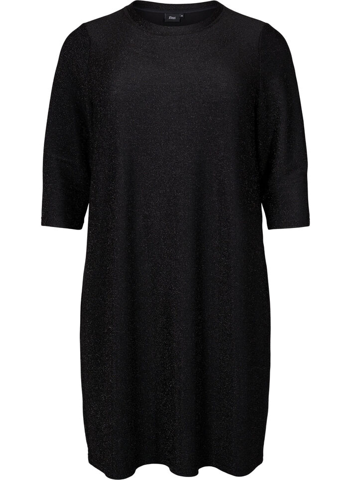 Glitter dress with 3/4 sleeves and round neckline, Black Black, Packshot image number 0