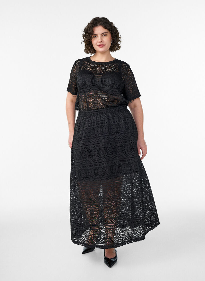 Long eyelet skirt with an elasticated waistband, Black, Model image number 0