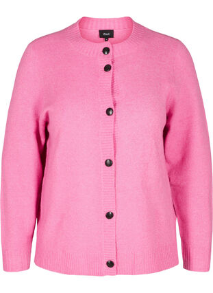 Short knitted cardigan with contrast-colour buttons, Wild Orchid Mel., Packshot image number 0