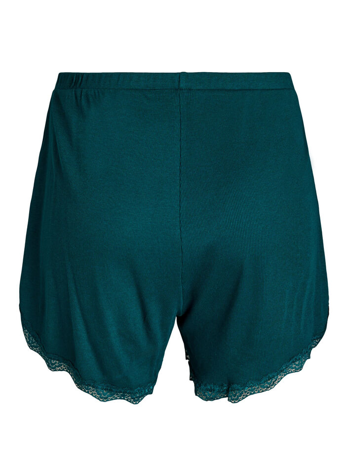 Loose night shorts with ribbed texture and lace trim, Green, Packshot image number 1