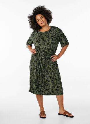 Midi-length jersey dress with tie belt at the waist - Green - Sz. 40-64 - Zizzifashion Midi-length jersey dress with tie belt at the waist - Green - Sz. 40-64 - Zizzifashion