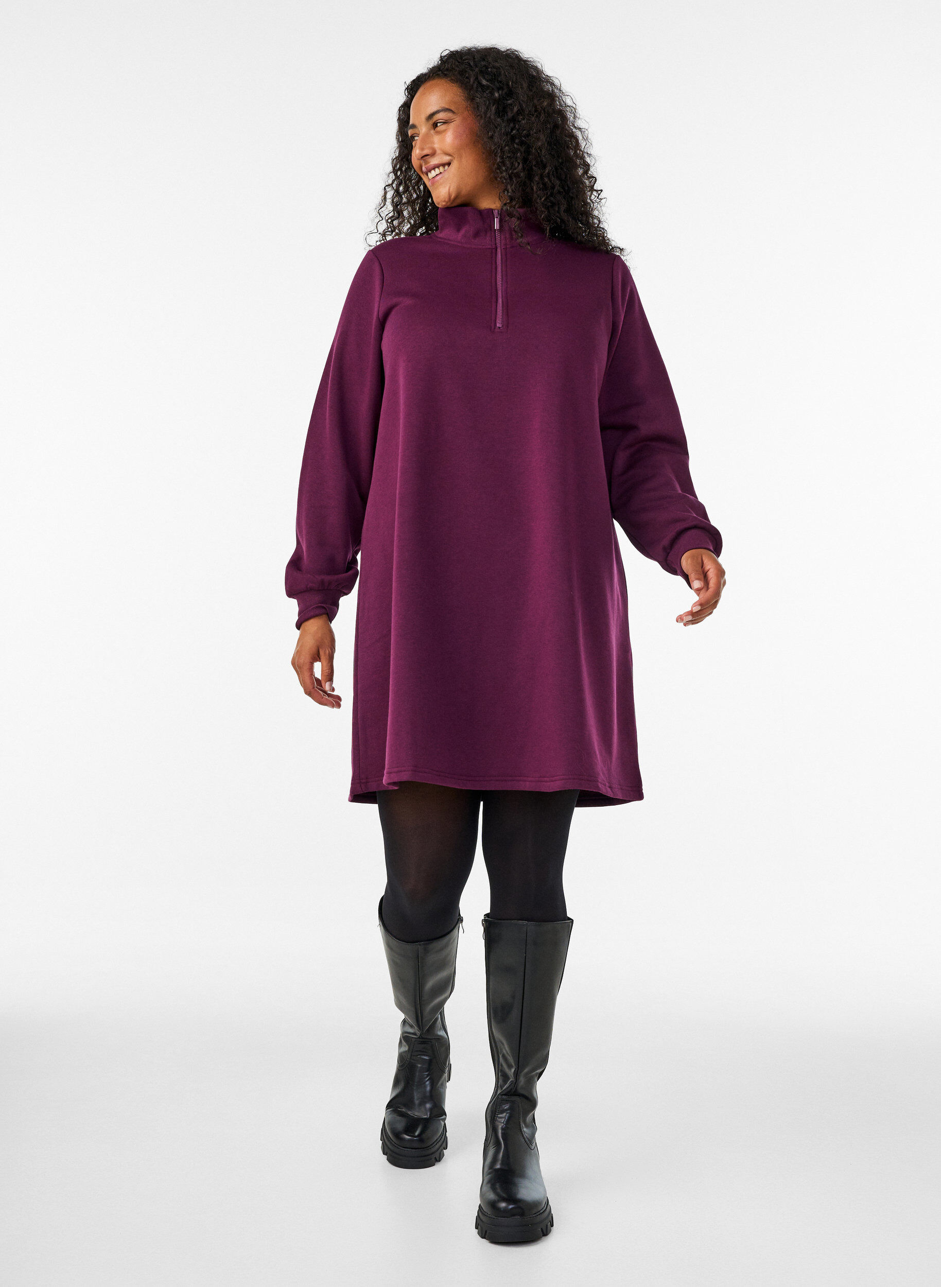 ZizzifashionSweatshirt dress with a high ribbed collar and zip, Purple, Model image number 1