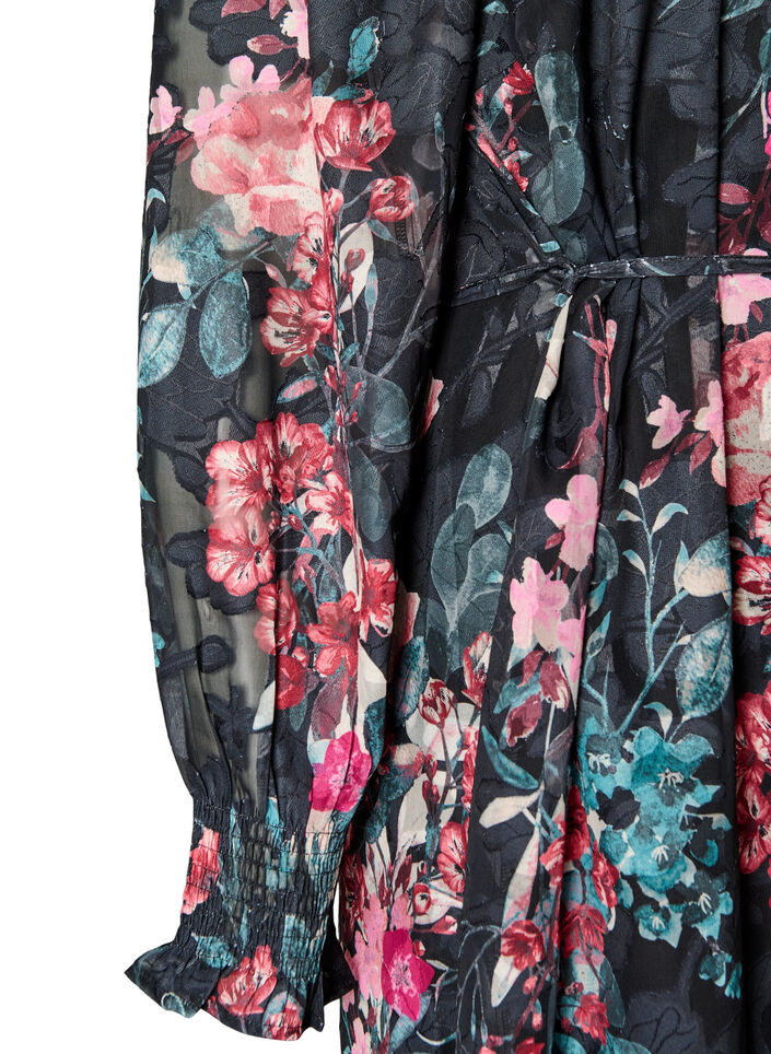 Floral midi dress with woven texture and tie-belt, Black, Packshot image number 3