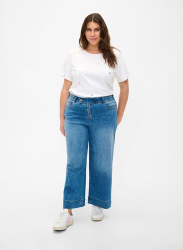 Cropped jeans with flare, Blue denim, Model image number 0