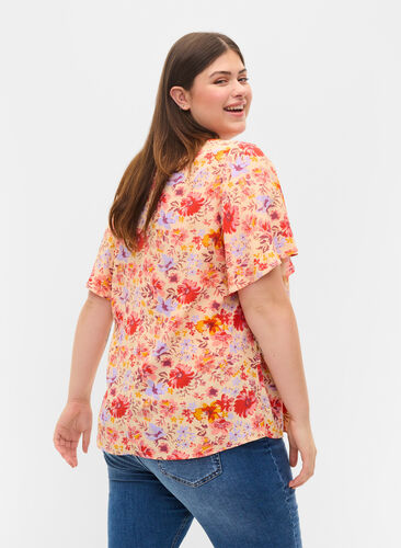 Short sleeved viscose blouse with floral print, Red Orange AOP, Model image number 1