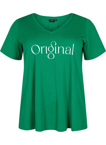 Cotton t-shirt with text print and v-neck, Jolly Green ORI, Packshot image number 0