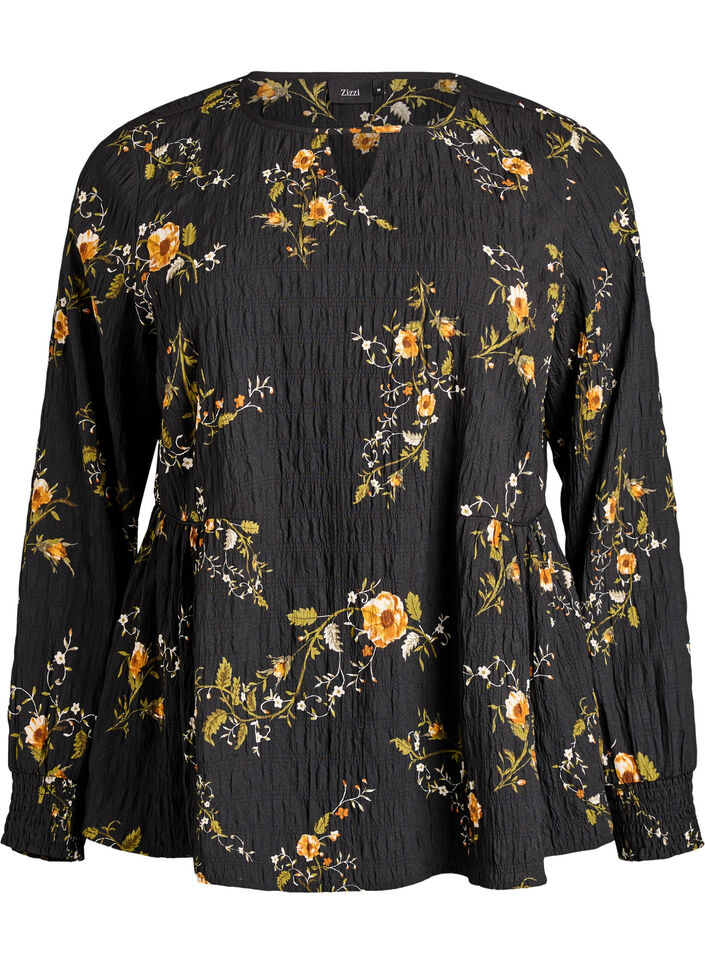 Long-sleeved blouse with floral print, Black, Packshot image number 0