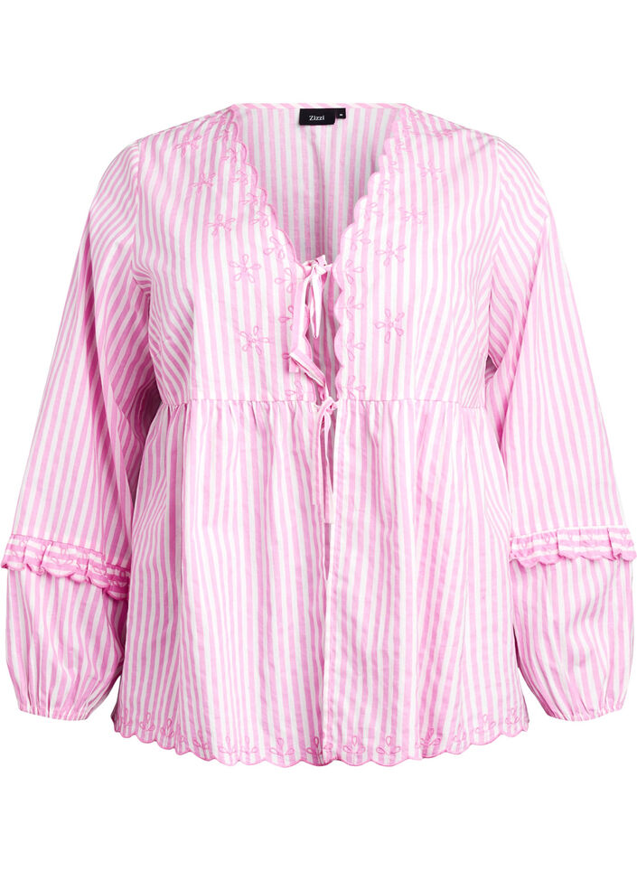 Striped blouse with open front and embroidery details, Pink, Packshot image number 0