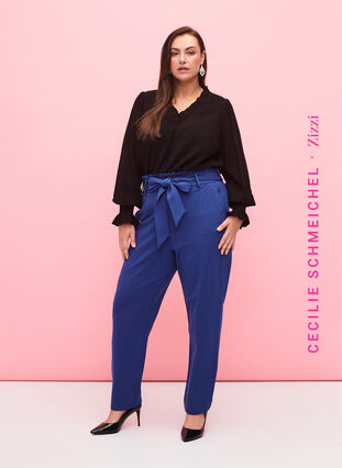 High-waisted trousers with ruffles and tie string, Blue Quartz, Model image number 0