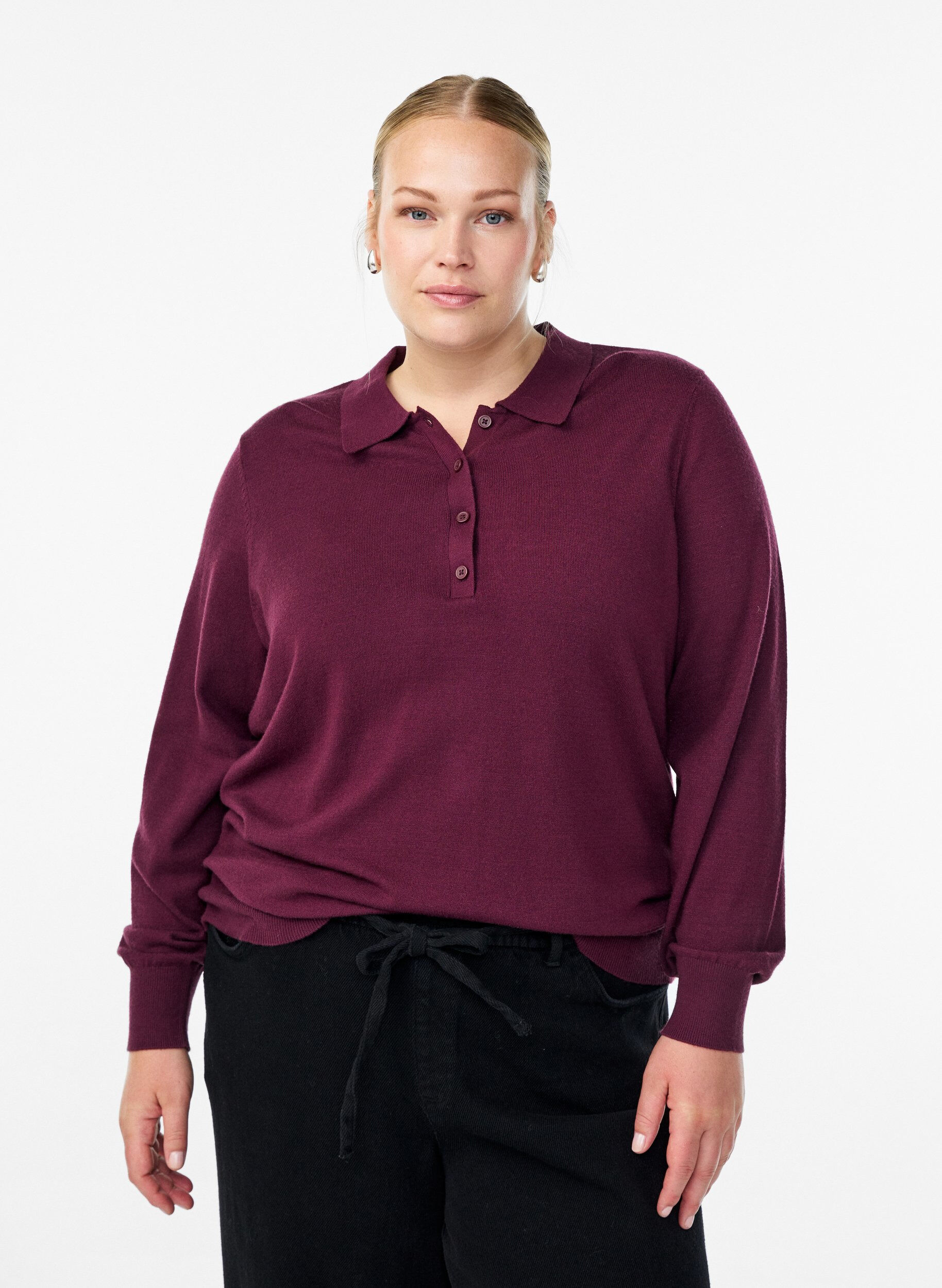 Zizzifashion Knit blouse with collar, Dark Bordeaux, Model image number 0
