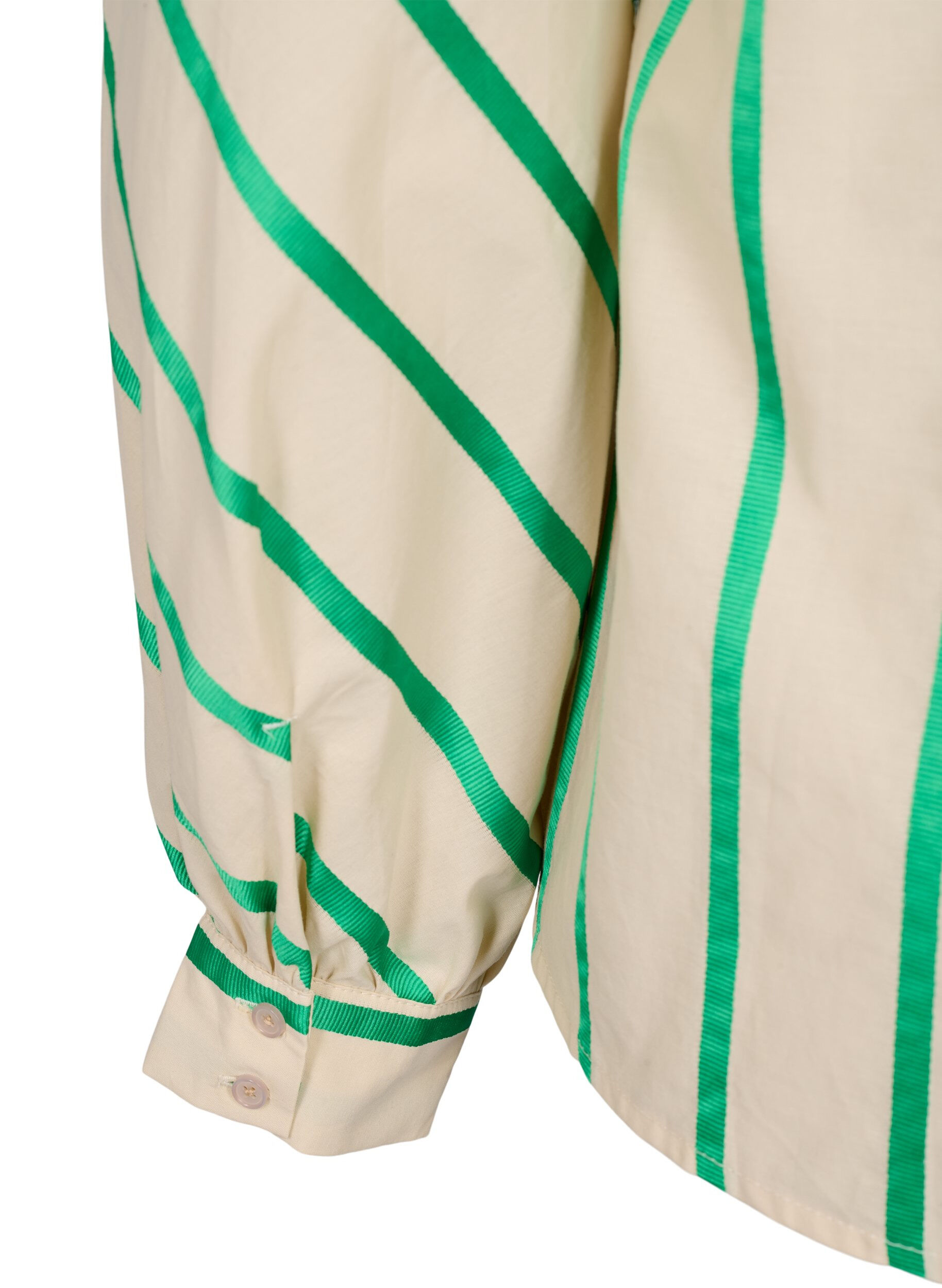 Zizzifashion Striped cotton shirt blouse with ruffle collar, Beige Green Stripe, Packshot image number 3