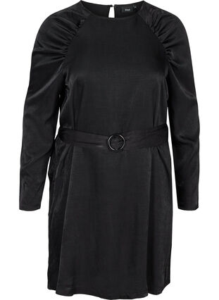 Dress with puff sleeves and belt, Black, Packshot image number 0