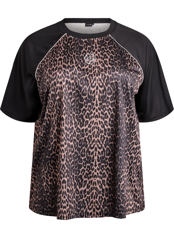 Workout t-shirt with leopard print and raglan sleeves, Brown, Packshot image number 0