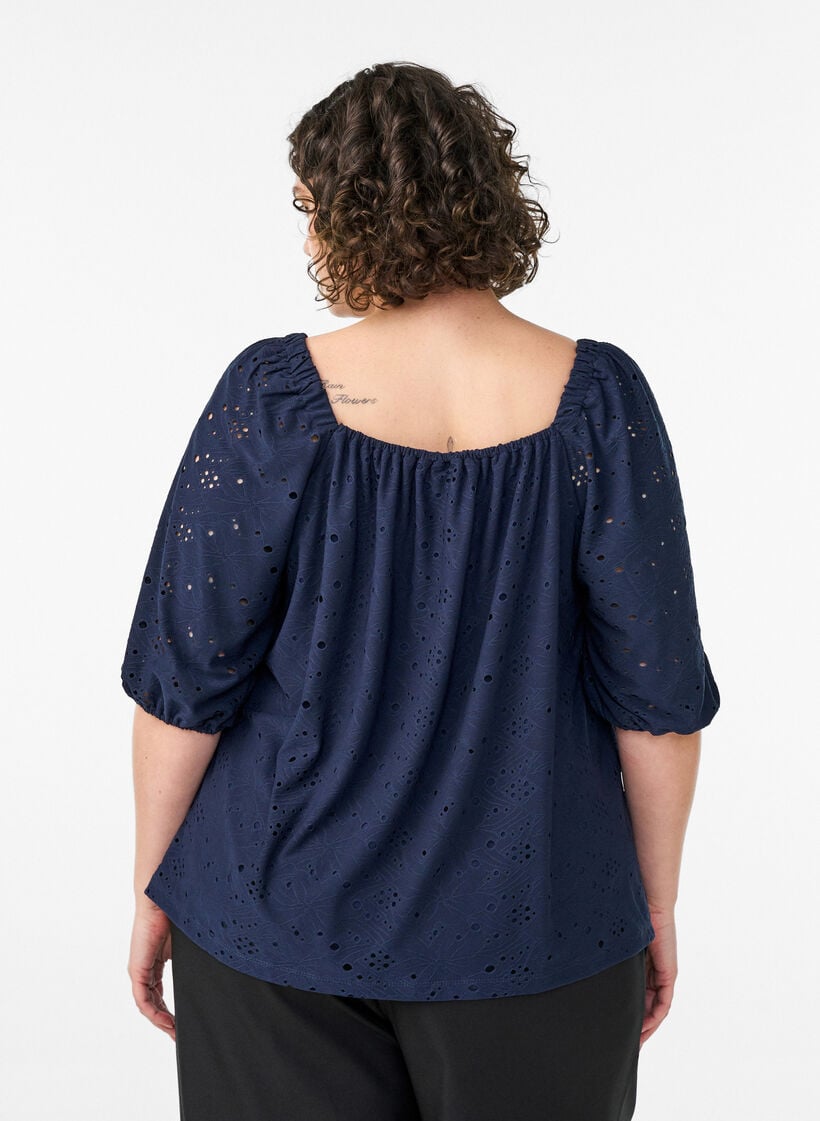 Blouse with short puff sleeves and an openwork pattern, Blue, Model image number 2