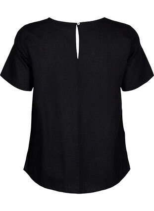 Short-sleeved blouse in a cotton blend with linen and lace detail, Black, Packshot image number 1
