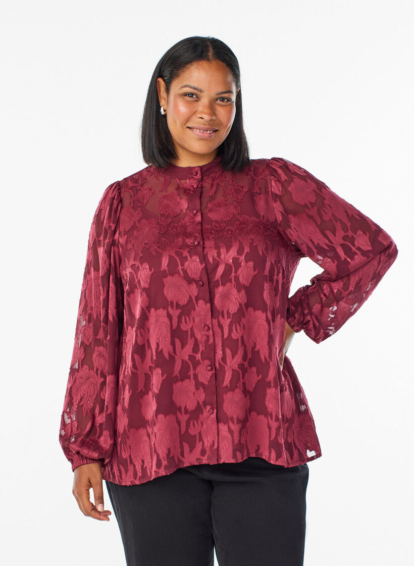 Blouse with buttons and floral pattern, Dark Bordeaux, Model image number 0