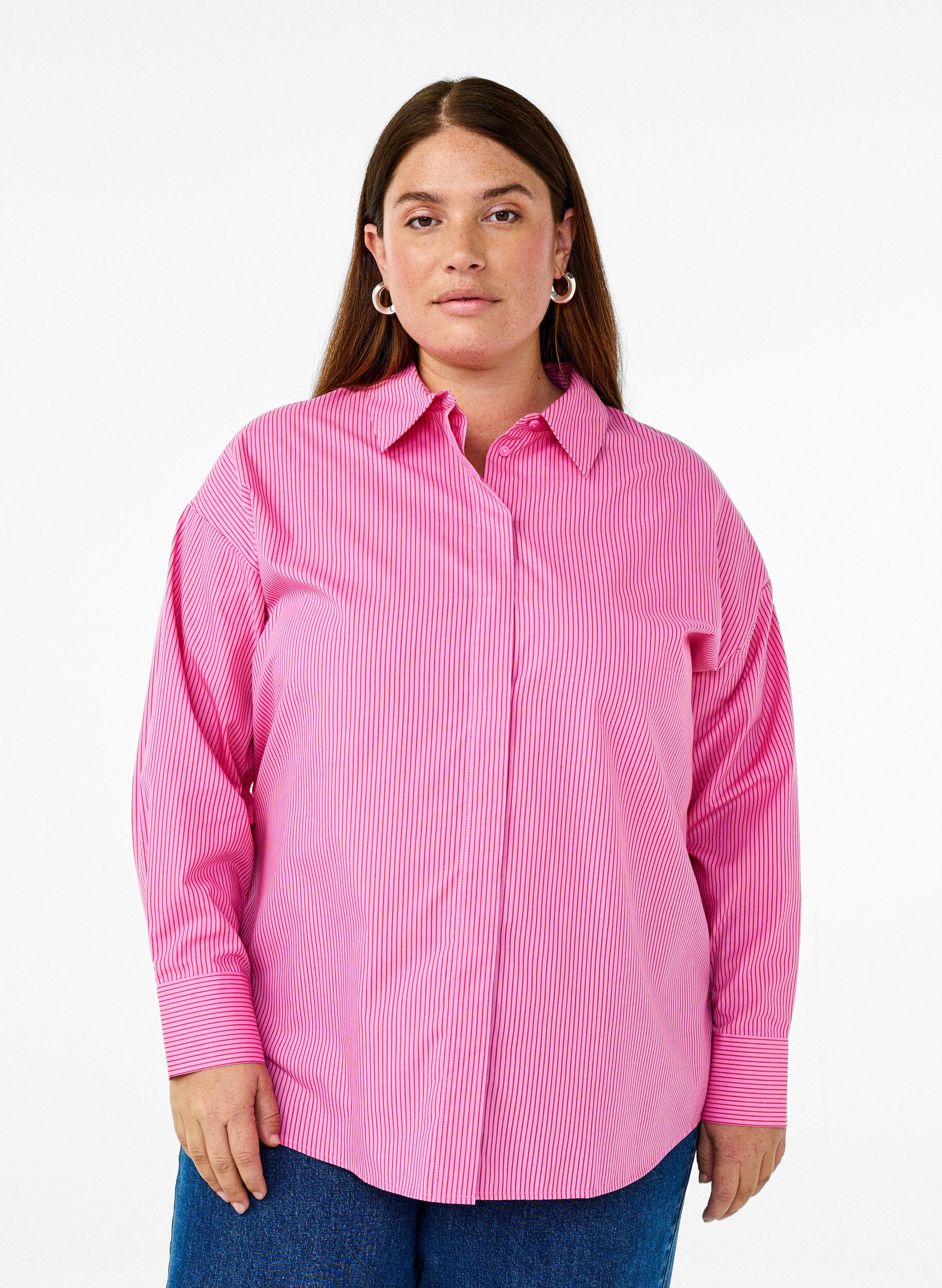 Zizzifashion Loose long-sleeved shirt with stripes, Pink, Model image number 0
