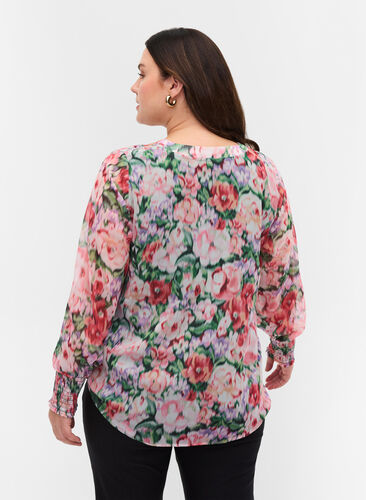 Floral blouse with long sleeves and smock, Flower AOP, Model image number 1