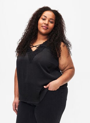 Top with lace and cross detail, Black, Model image number 0