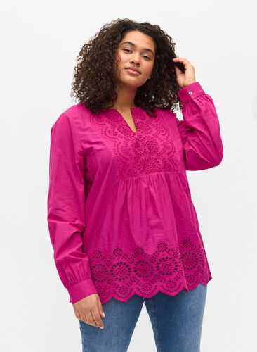 Long-sleeved cotton blouse with embroidery anglaise, Festival Fuchsia, Model image number 0