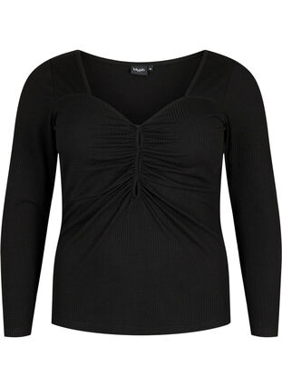 Ribbed blouse with hole detail, Black, Packshot image number 0