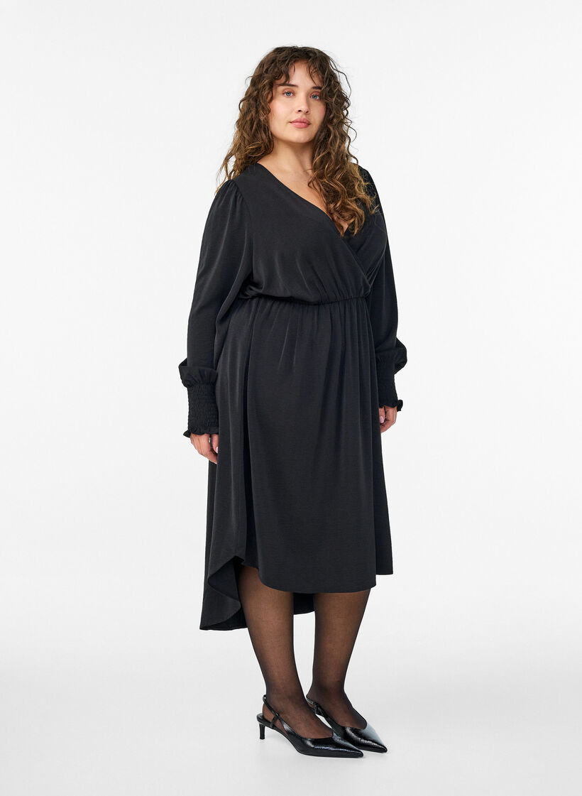 Midi dress with wrap-look and smock sleeves, Black, Model image number 1