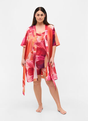 Printed robe with short sleeves, Orange Pink AOP, Model image number 2