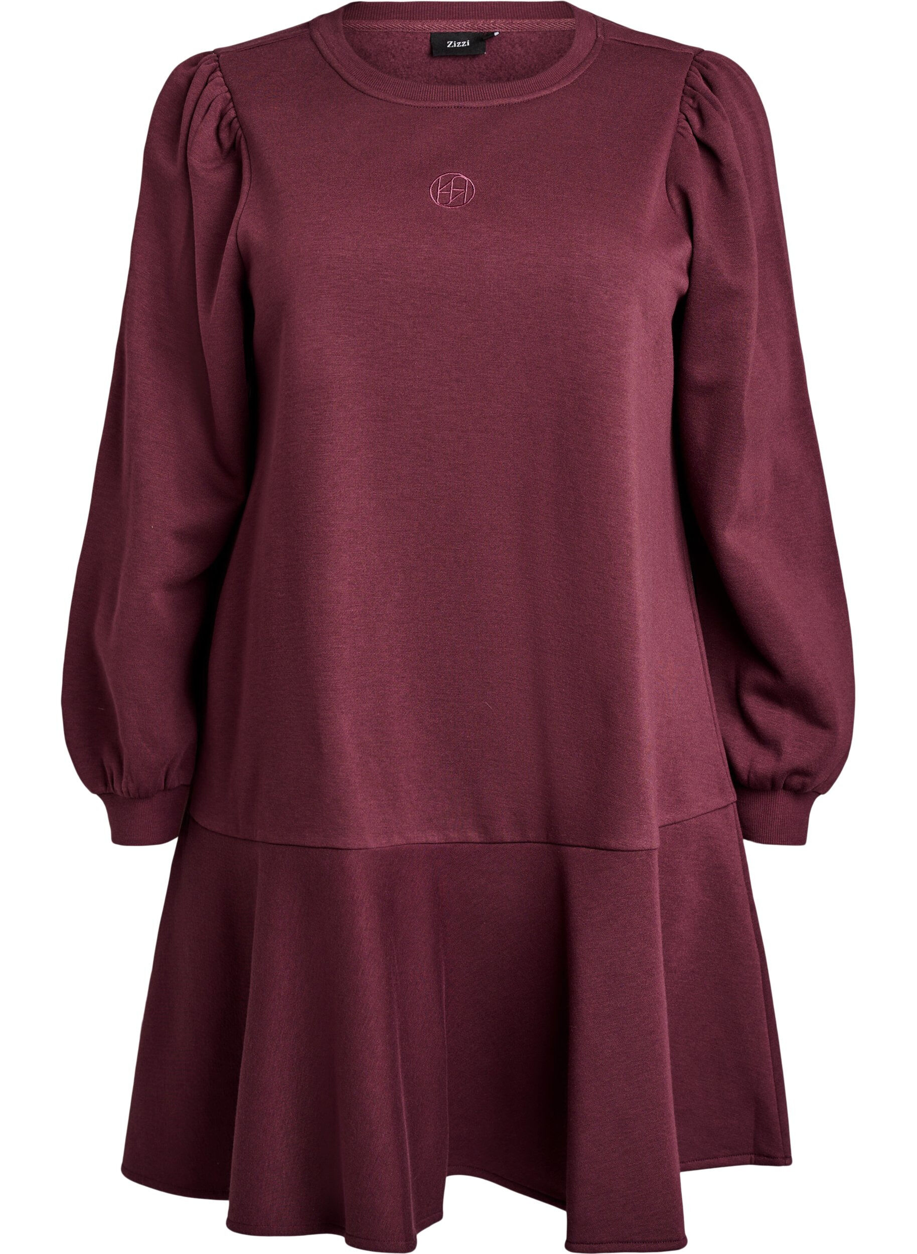 Zizzifashion Short sweat dress with ruffle detail, Dark Bordeaux, Packshot image number 0