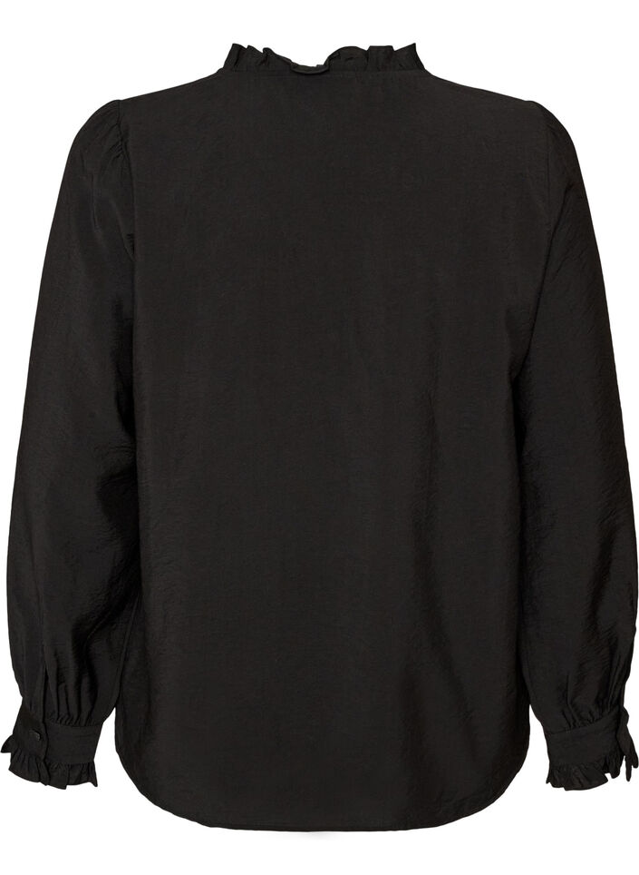 Shirt blouse with embroidered flower appliqu&eacute;s, Black, Packshot image number 1